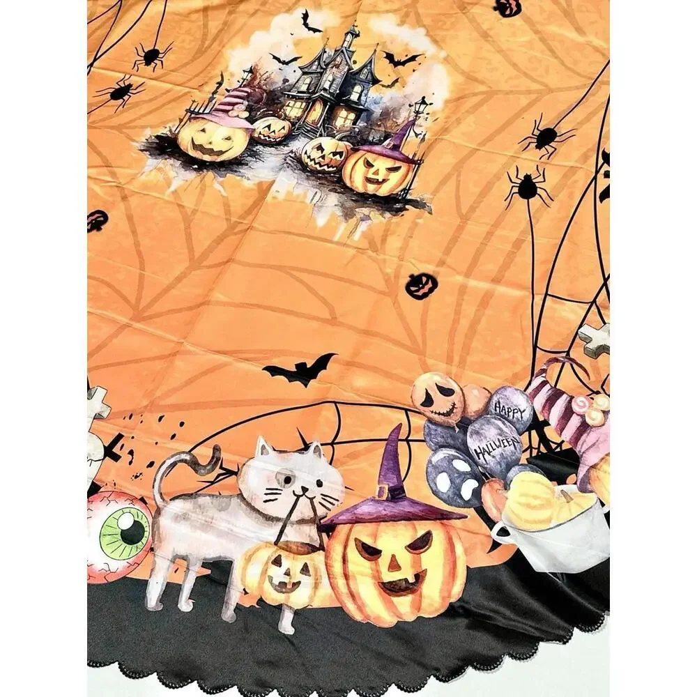 NEW Round Tablecloth Halloween Theme Orange Black Lining Pumpkins Spiders Bats